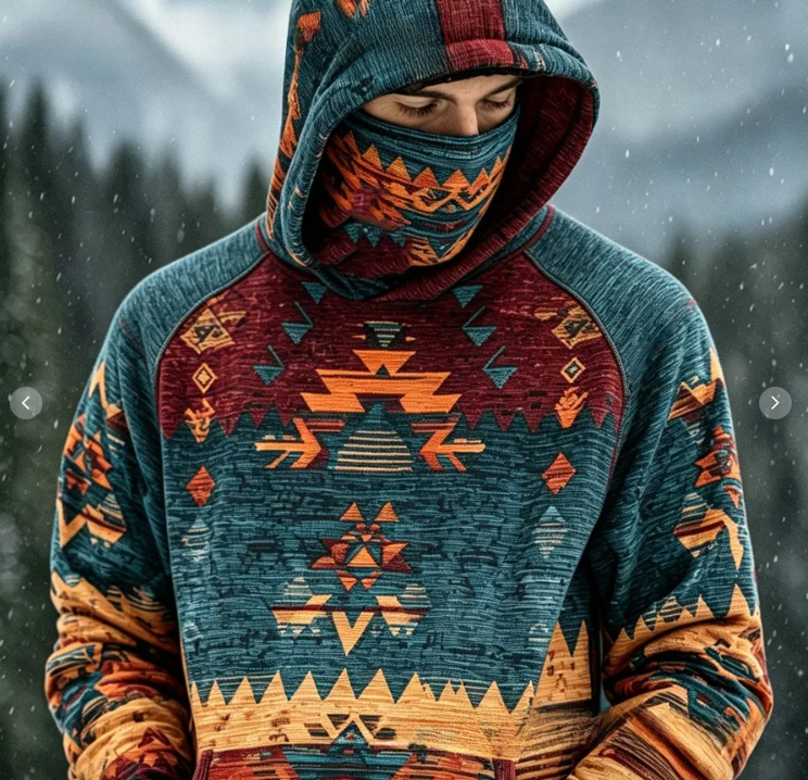 Sweat à capuche HoodMask avec cache-cou intégré, motif Aztèque Rouge