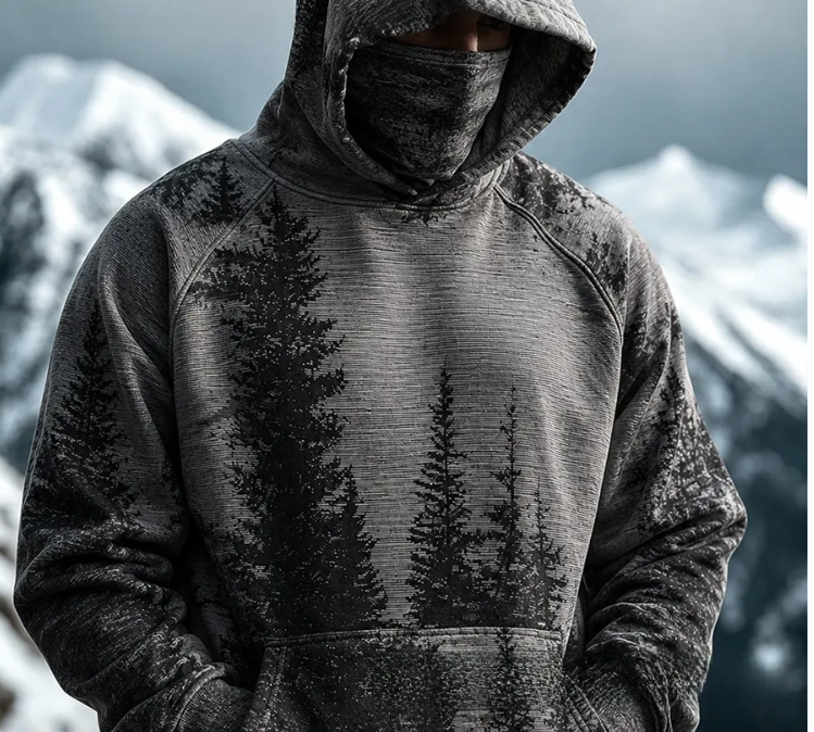 Sweat à capuche HoodMask avec cache-cou intégré, motif Forêt Grise