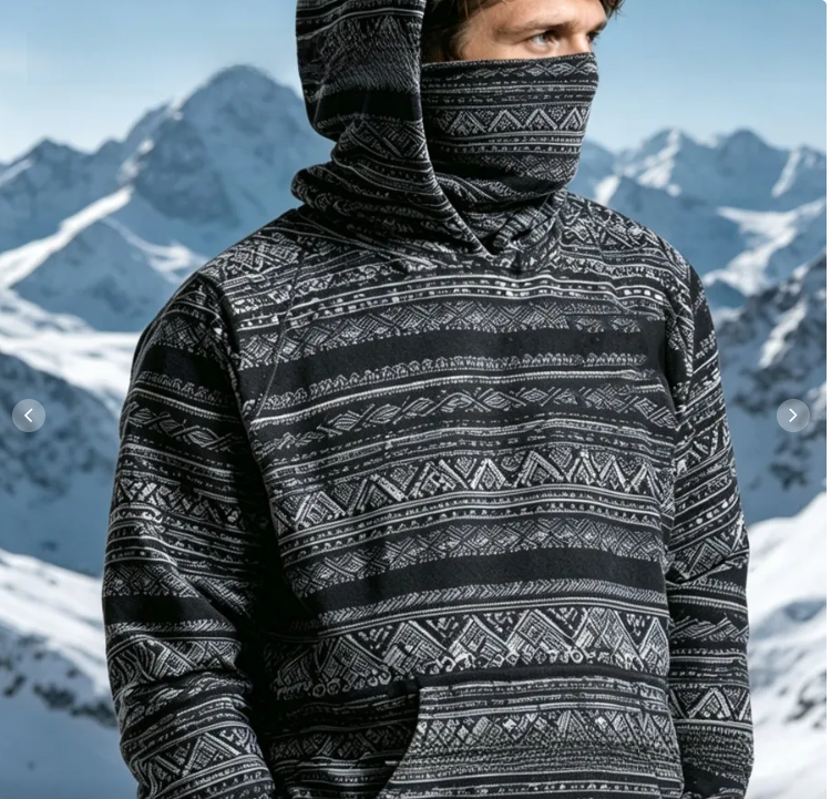Sweat à capuche HoodMask avec cache-cou intégré, motif Ethnique Noir