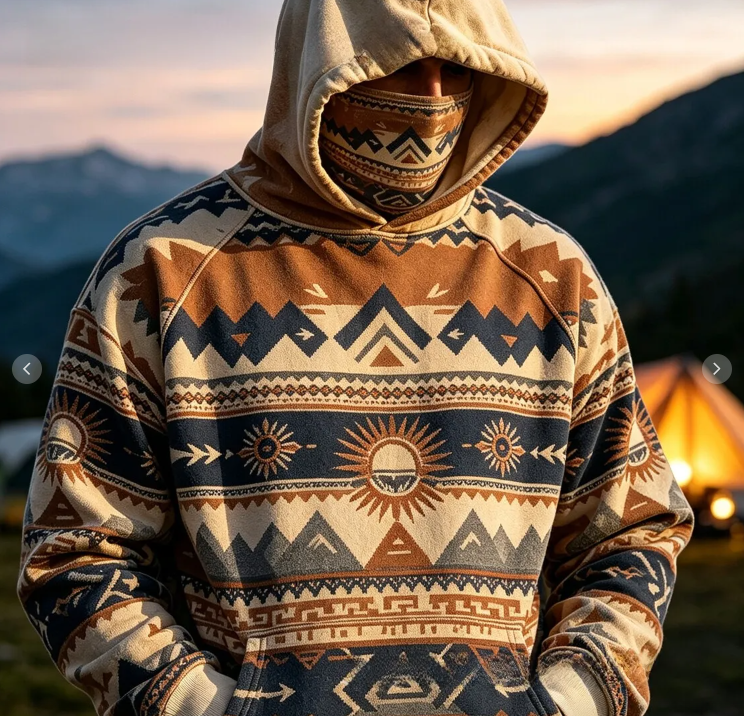 Sweat à capuche HoodMask avec cache-cou intégré, motif Aztèque Sable