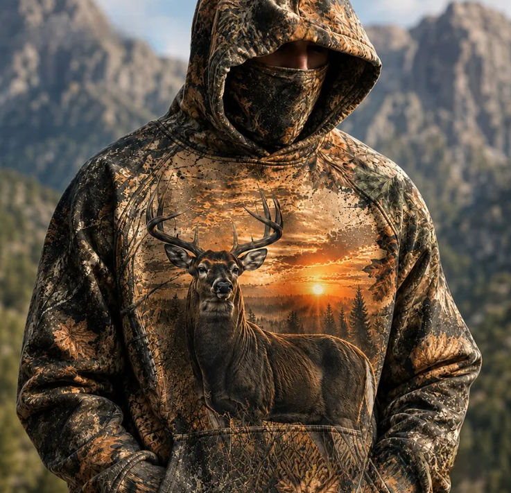 Sweat à capuche HoodMask avec cache-cou intégré, motif Cerf Crépuscule